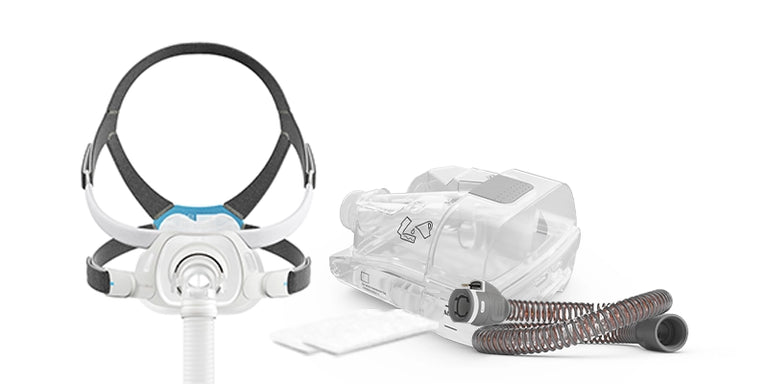 A full face mask and a tube, including parts of the SmartCare subscription package for the mask.