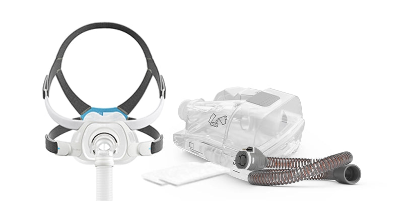 A full face mask and a tube, including parts of the SmartCare subscription package for the mask.