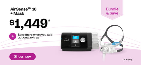 Resmed AirSense 10 CPAP machine and mask bundle offer priced at $1,449, with additional savings available on optional extras.