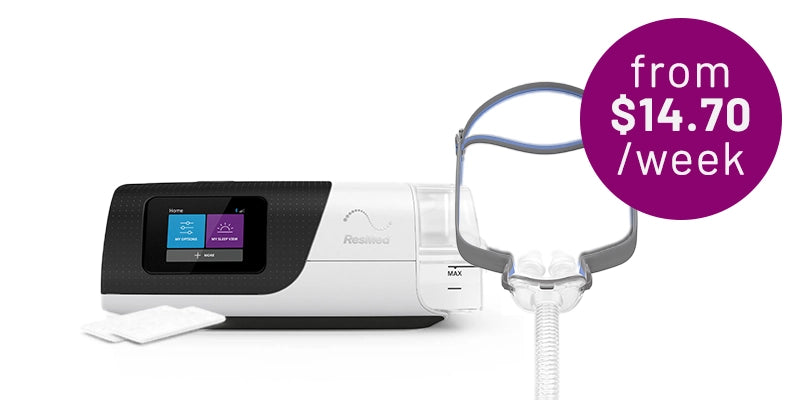 Resmed Essential Care CPAP bundle featuring AirSense 11 machine with nasal pillow mask, from $14.70 per week.