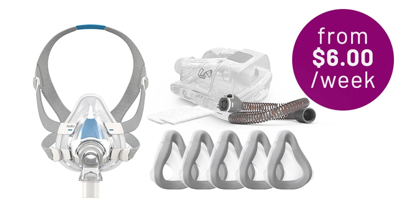 ResMed AirTouch Smart Care bundle with full face mask, replacement cushions and accessories, from $6.00 per week.