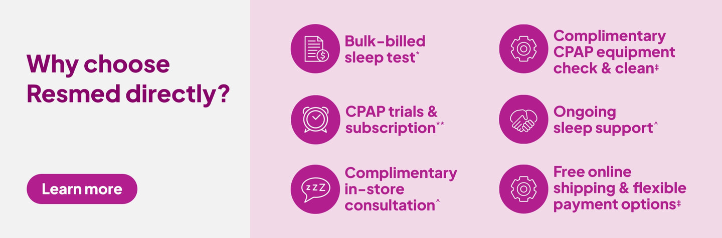 Promotional text highlighting services offered by Resmed, including sleep tests, CPAP equipment checks, and support.