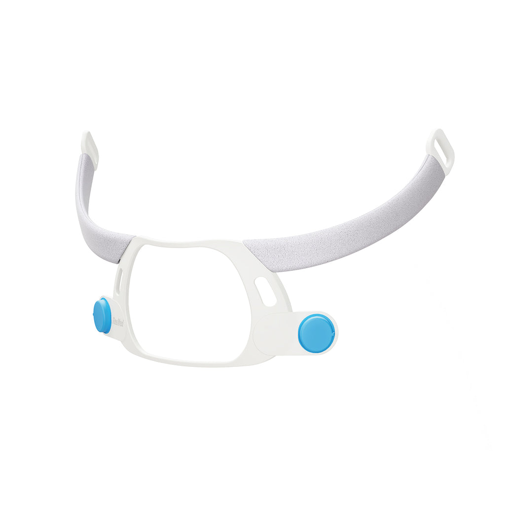 A white full face CPAP mask frame with blue accents.