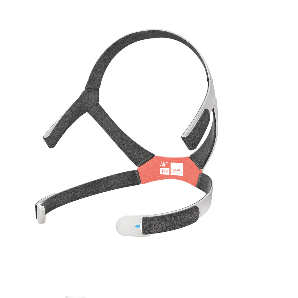 A headgear for a CPAP mask, featuring adjustable straps and a label with the ResMed brand logo.