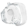 A transparent, silicone cushion part of a CPAP mask designed to fit over the nose and mouth, with a visible soft padding area.