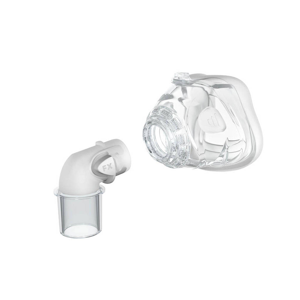 A replacement elbow assembly for the ResMed Mirage FX CPAP mask, featuring a clear plastic elbow joint and tube connected to a smaller cylindrical device, also clear