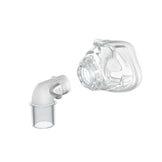 A replacement elbow assembly for the ResMed Mirage FX CPAP mask, featuring a clear plastic elbow joint and tube connected to a smaller cylindrical device, also clear