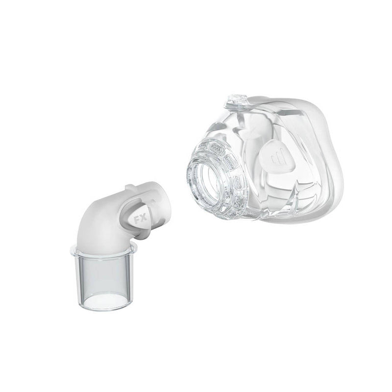 A replacement elbow assembly for the ResMed Mirage FX CPAP mask, featuring a clear plastic elbow joint and tube connected to a smaller cylindrical device, also clear