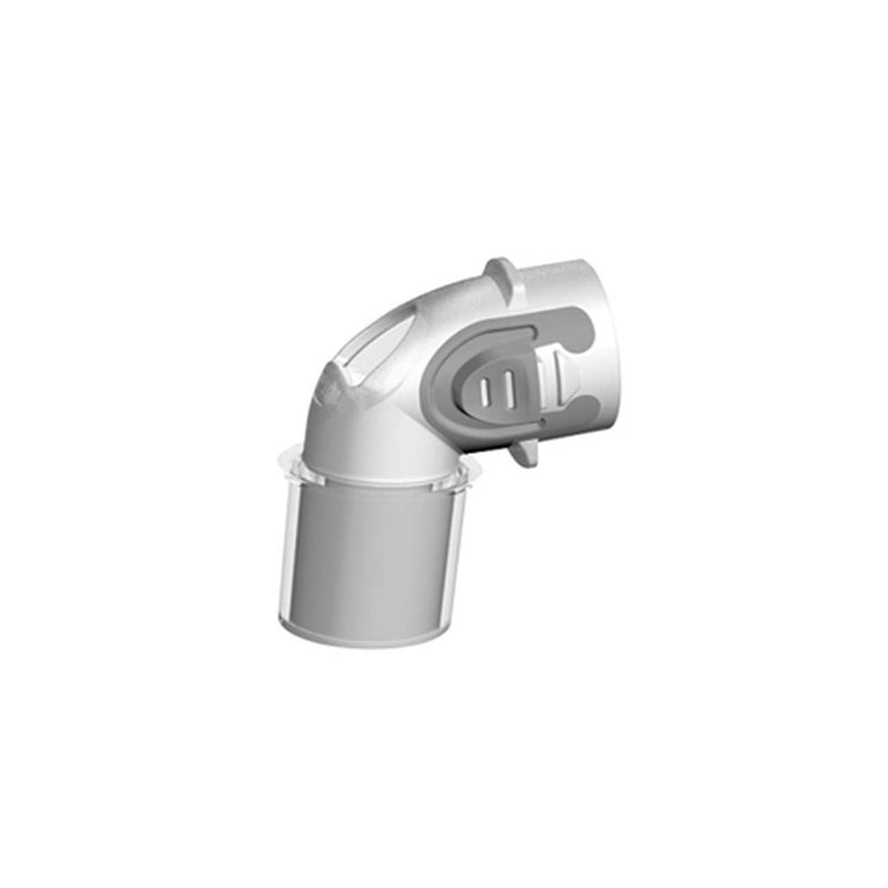A white replacement elbow for ResMed Quattro Air and AirFit F10 full face masks.