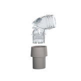 A Mask replacement elbow assembly with a clear, plastic-looking component and a grey base.