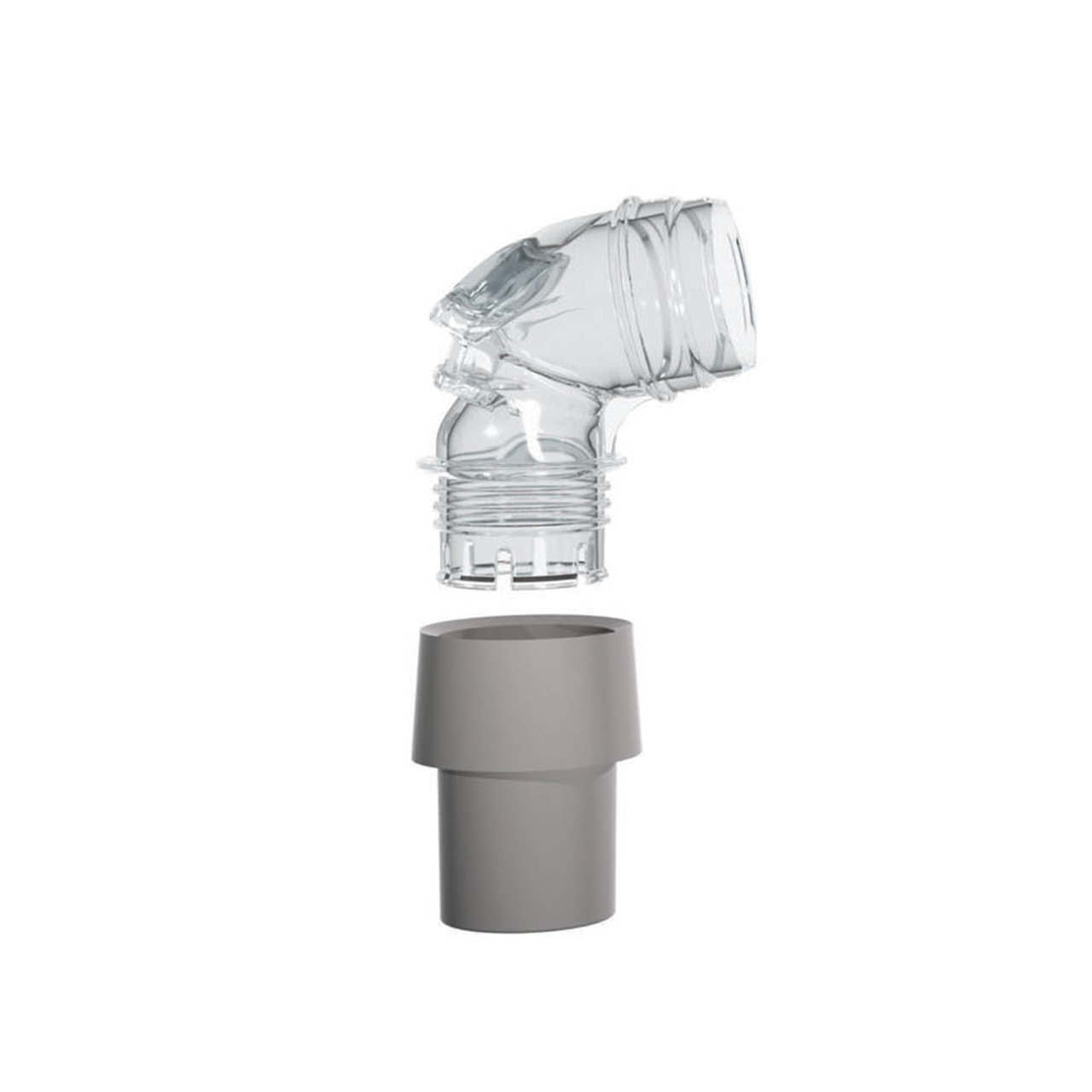 A Mask replacement elbow assembly with a clear, plastic-looking component and a grey base.