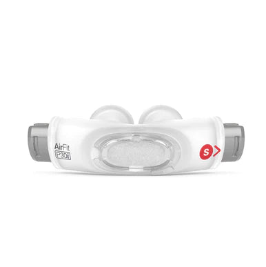 A front-on view of the ResMed AirFit P30i CPAP mask cushion, showing the silicone pillows