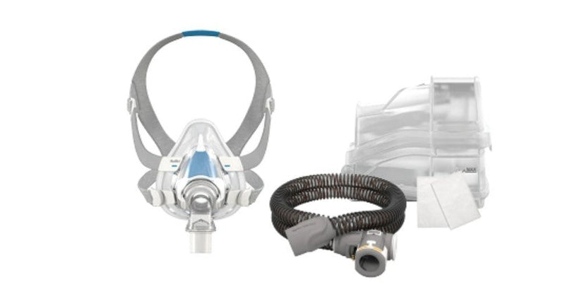 A full face mask and a tube, including parts of the SmartCare subscription package for the mask.
