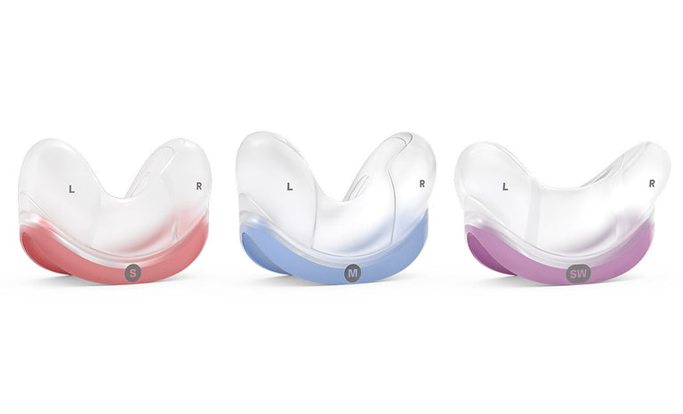 3 ResMed AirFit N30 Nasal Cradle Mask cushions in different colors. from left to right : red, blue, purple